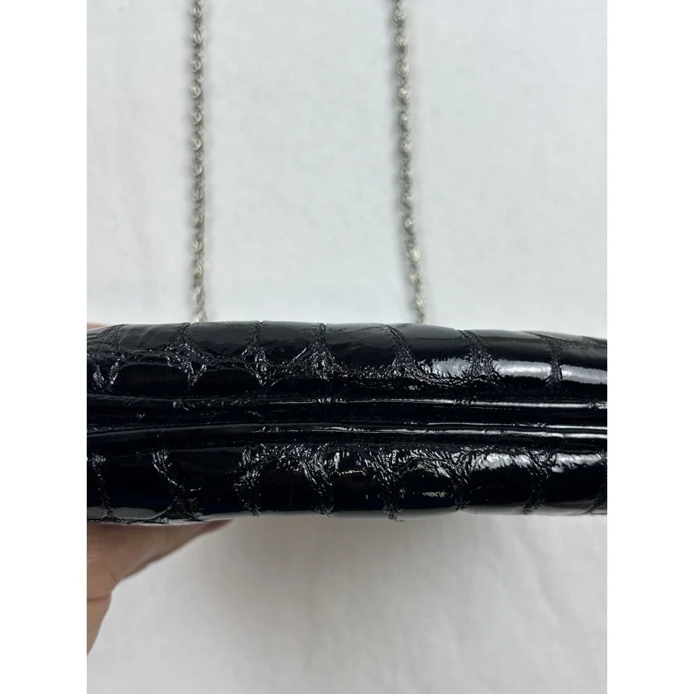 VTG. Black Patent Croc Embossed Clutch Rhinestone Floral Evening Bag Chain Strap